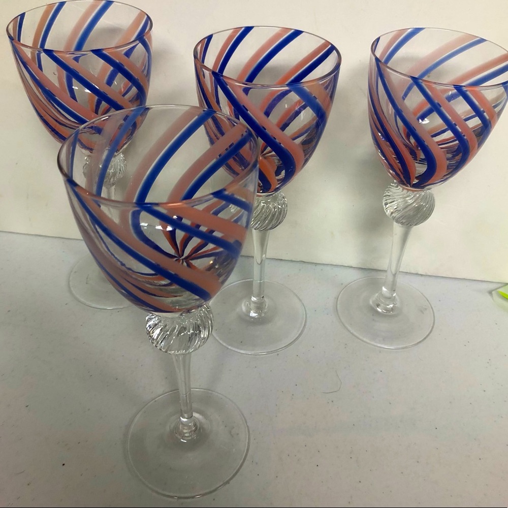 4 EASTERN Blue & Pink Striped Swirl Goblets Wine Glasses Hand Blown Stems